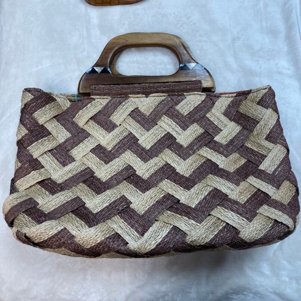 Adrienne Vittadini Straw Wood Handle Bag Purse